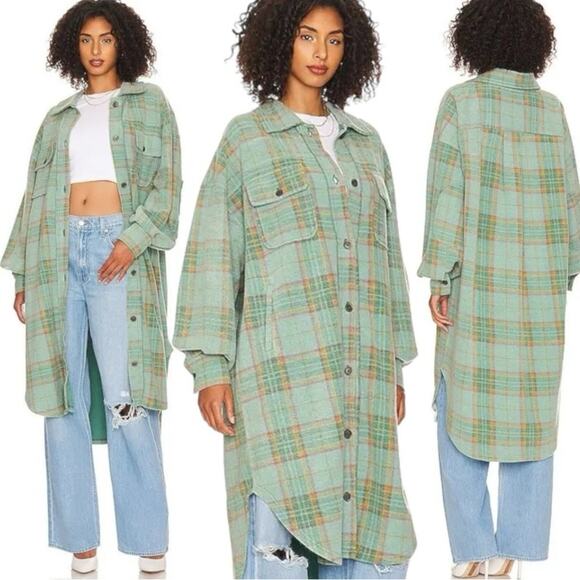 Free People Plaid Long Ruby Jacket in Sage Combo Size XS Grunge Distressed - Picture 8 of 10